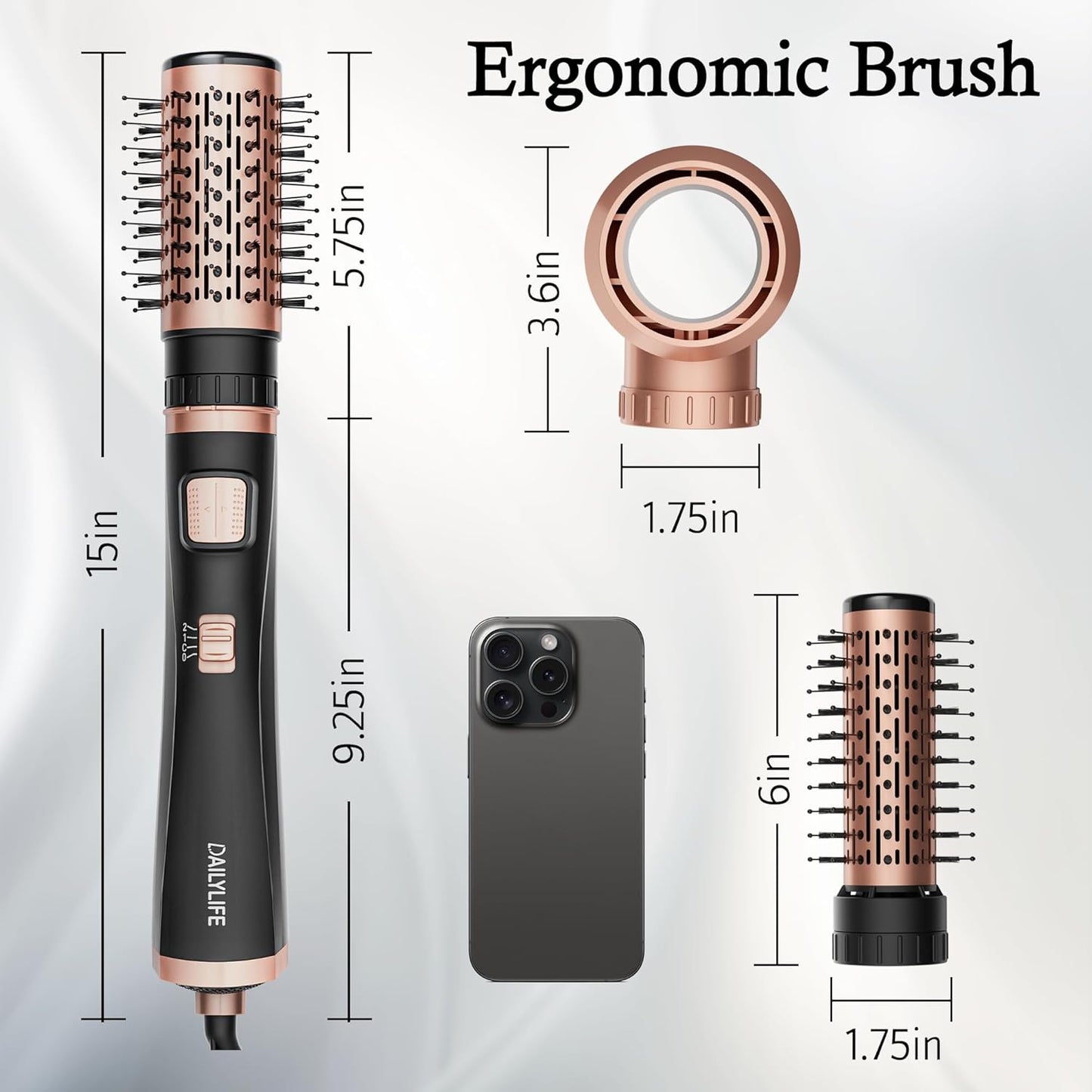 DAILYLIFE Rotating Hair Dryer Brush, Blow Dryer Brush Spinning, 2 Spin Brushes 1.5 Inch &2 Inch, 3 in 1 Round Hot Air Styler for Hair Dryer, Volumizer, Smooth, Gold