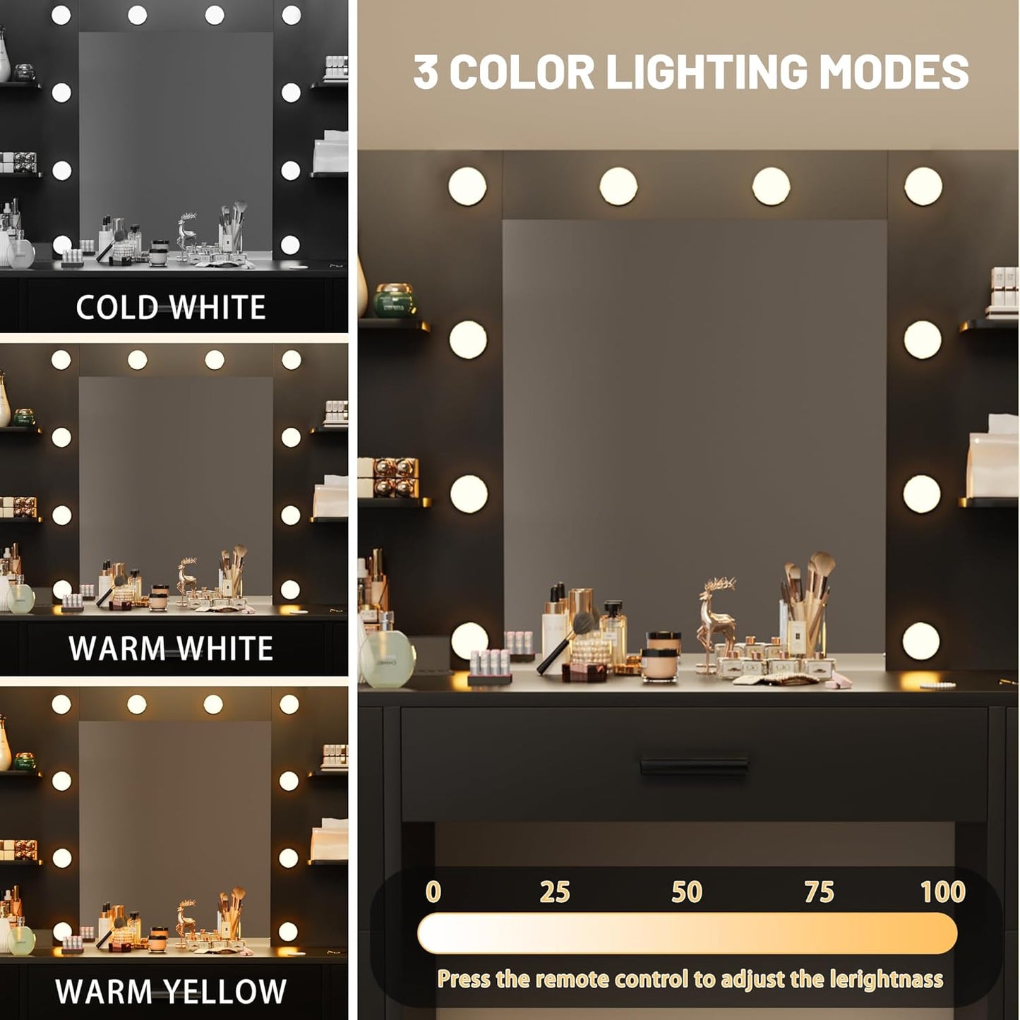 Furmax Vanity Desk with Mirror, LED Lights and Power Outlet Makeup Vanity Table with 7 Drawers and 6 Storage Shelves Dressing Table for Bedroom Dressing Room (Black)