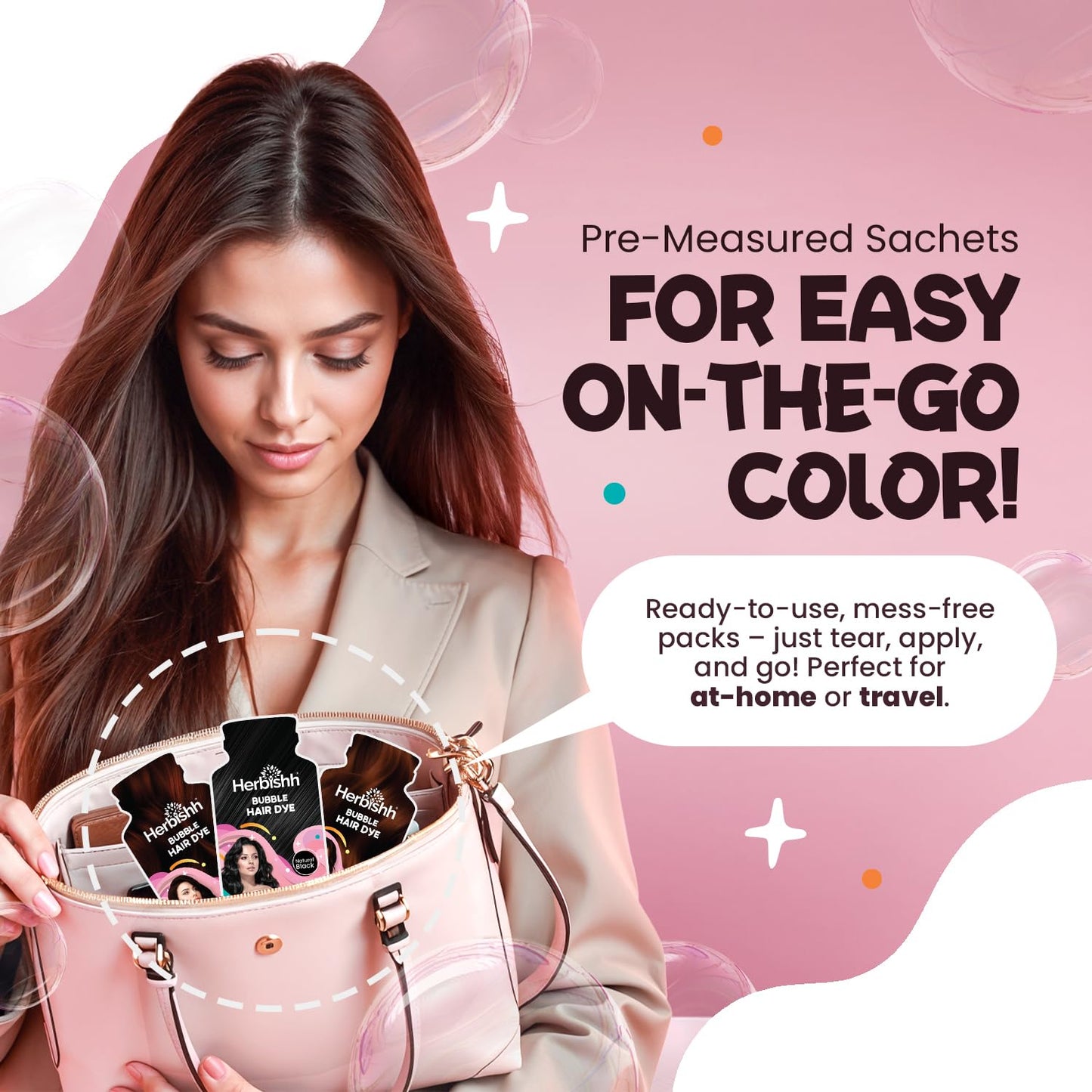 Herbishh Bubble Foam Hair Dye Shampoo, 3 in 1 Dye for 100% Grey Coverage, Permanent & Instant Hair Coloring for Men & Women, Long-lasting & Travel-friendly, Ammonia-free, 10 Sachet x 24 ml (Black)