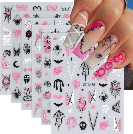 6 Sheets Halloween Nail Art Stickers Glitter Pink Nail Stickers Spider Web Nail Decals Pumpkin Line