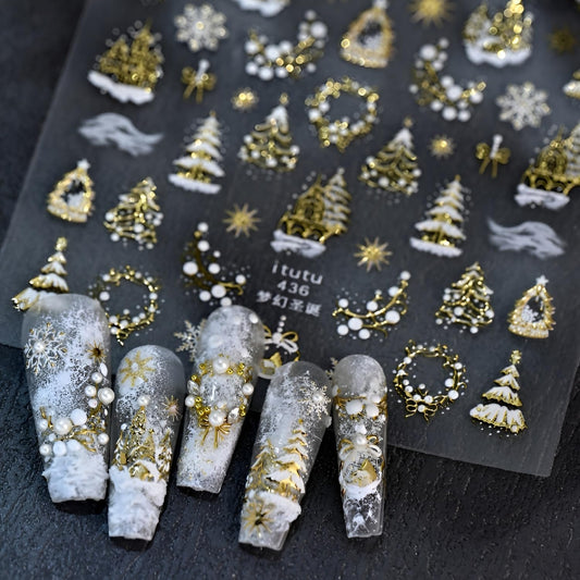 Christmas Nail Art Stickers 5D Embossed Xmas Tree Snowflake Nail Decals White Gold Christmas Nail