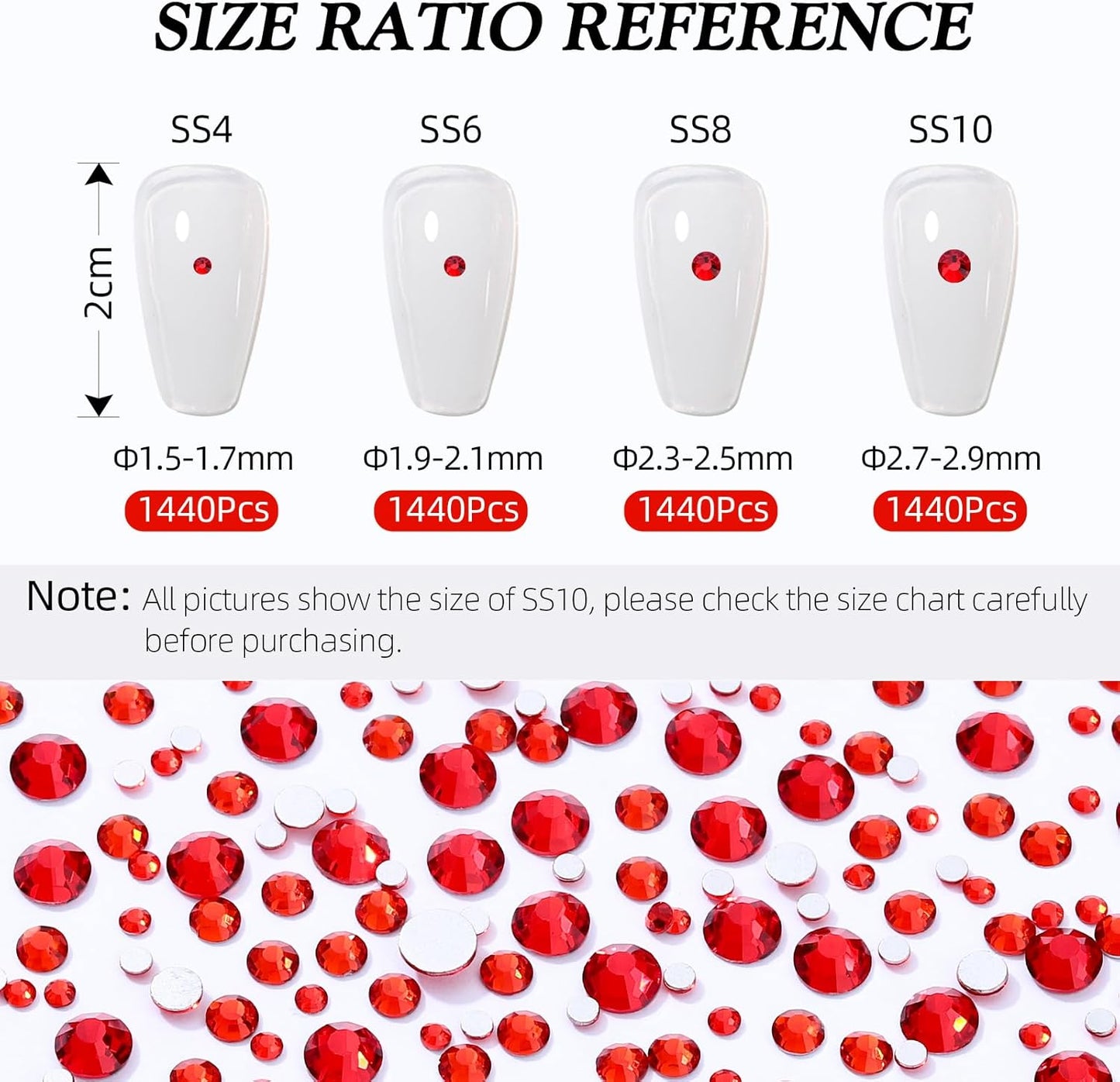 Red Flatback Rhinestones, Glass Rhinestones for Nail Art and Craft, Glue Fix, Loose Crystal Gemstones(Red, SS4, 2880pcs, 1.5-1.7mm)