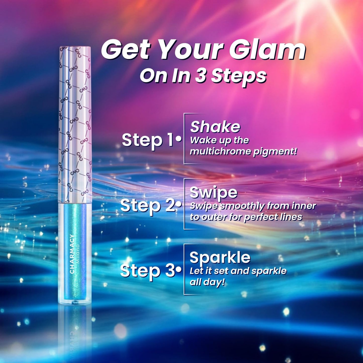 CHARMACY Chameleon Liquid Glitter Eyeliner - Highly Pigmented, Metallic MultiColor Shifting, Waterproof, Ultra-Fine Tip, Longwearing, Smudge-proof (#302)