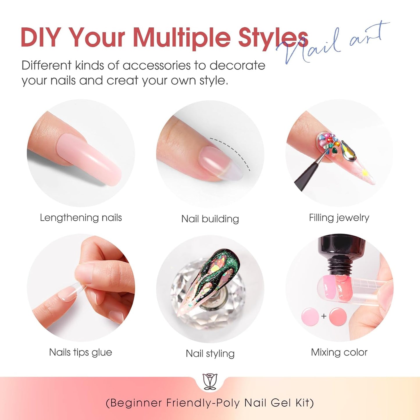 Poly Nail Gel Starter Kit -14 Colors + 75 Nails Art Accessories Kits, ROSALIND Nue Clear Poly Extension Gel with Big UV Light 48W and Electric Nail Drill Starter Kit with Everything