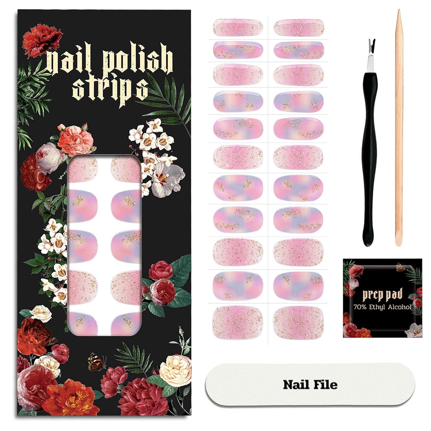 Nail Polish Strips - 22 Pcs Salon Quality Gel Nail Stickers - Long Lasting Wraps (Iridescent Jellfish Pink&Blue)