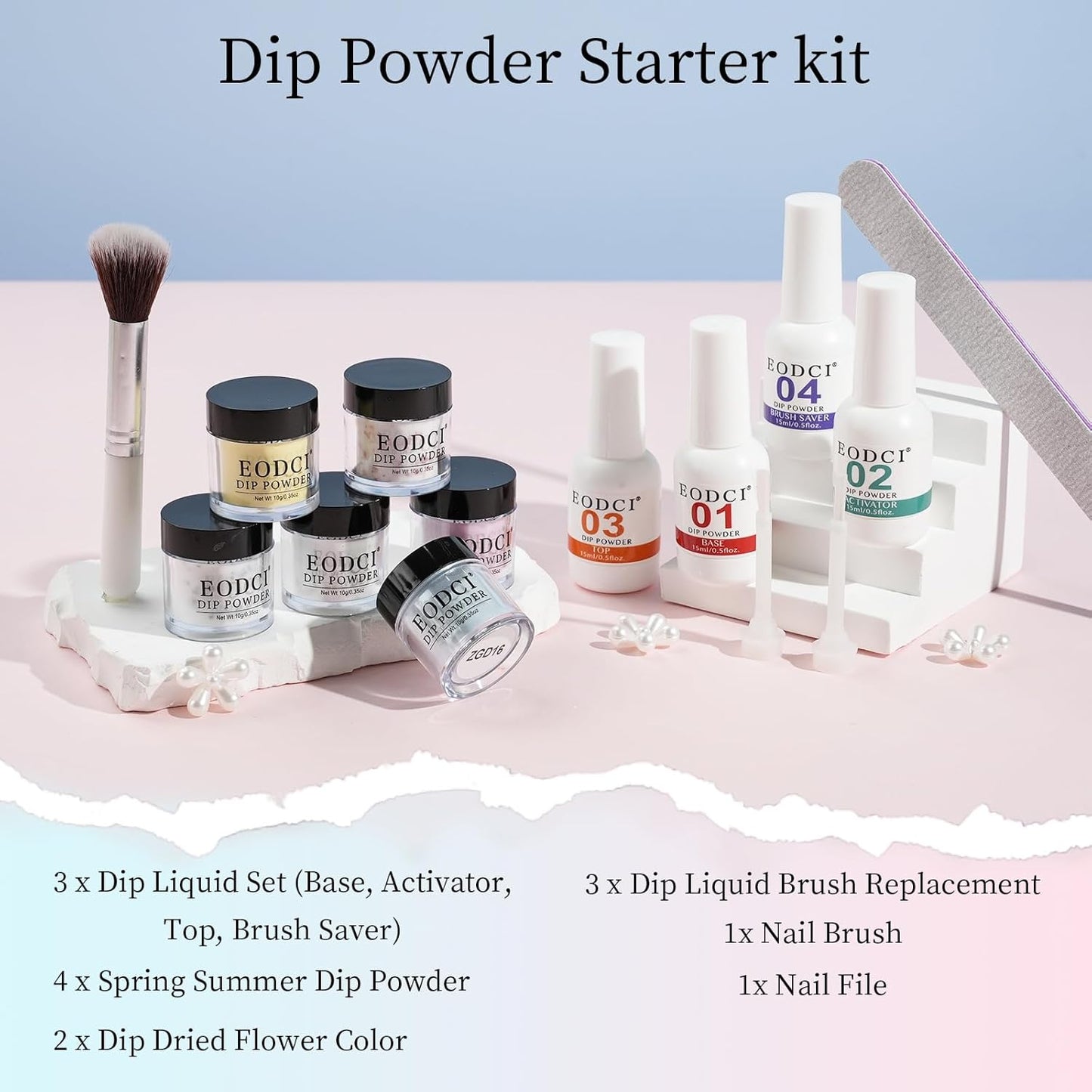 Dip Powder Nail Transparent Crystal Dried Flower Set, 6 Colors Dipping Powder Kit With Base & Top Coat/Activator/Brush Saver, Nail Art Manicure Salon DIY for Daily at Home Party Gifts for Women