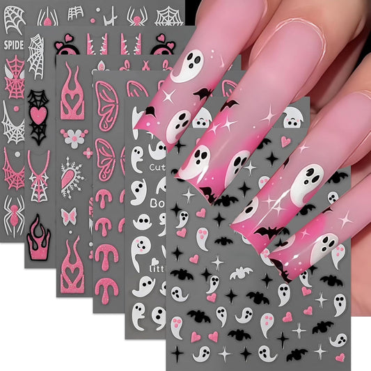 6Sheets Halloween Nail Stickers for Nail Art,3D Self-Adhesive Cute Ghost Spider Web Nail Decals