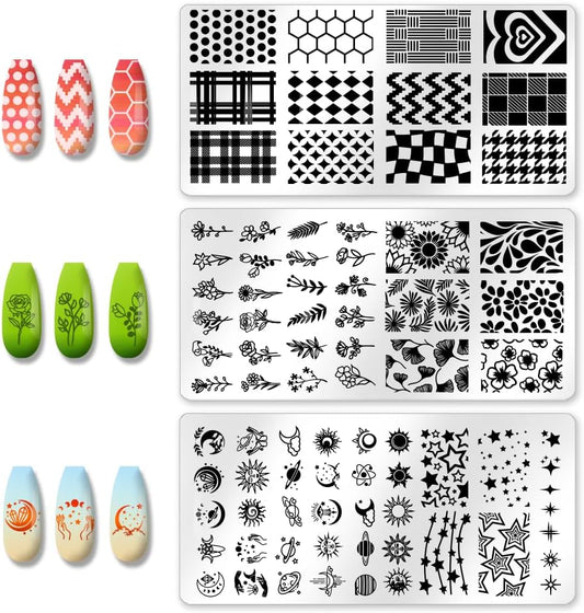 3Pcs Mix Design Nail Stamping Plate Flower Star Nail Stamping Templates French Line Tip Art Stamp