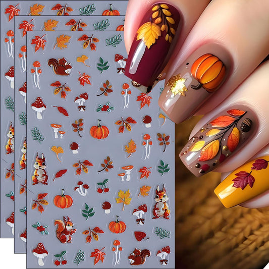Fall Nail Art Stickers, Cute Fox Nail Art Decals 3D Self-Adhesive Leaves Pumpkin Nails Stickers