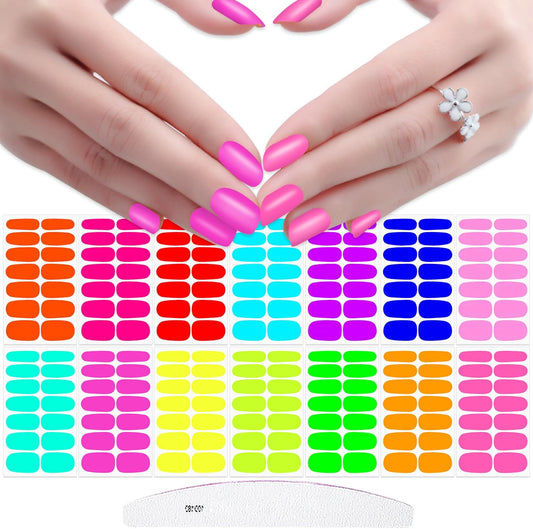 JERCLITY 196 Pieces 14 Sheets Fluorescence Solid Color Nail Polish Strips Vibrant Color Nail Wraps