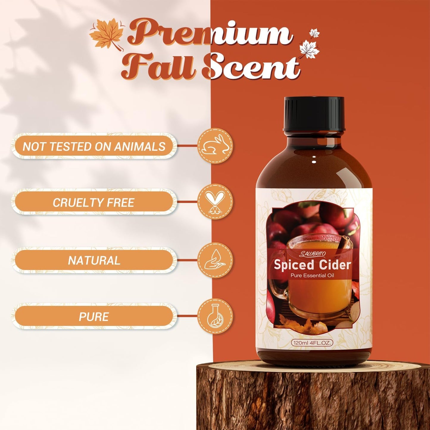 SALUBRITO Spiced Cider Essential Oil, 4 Fl.Oz (120ml) Pure & Natural Fragrance Oils, Winter Scented Oil for Diffuser, Great for Skin, Massage, Candle & Soap Making, Strong Scented