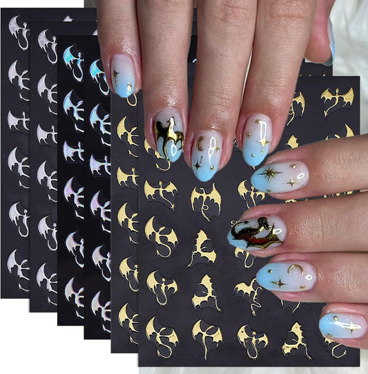 6Sheets Bat Nail Stickers Halloween Nail Decals Dragon Nail Art Stickers Gold Silver Laser Bronzing