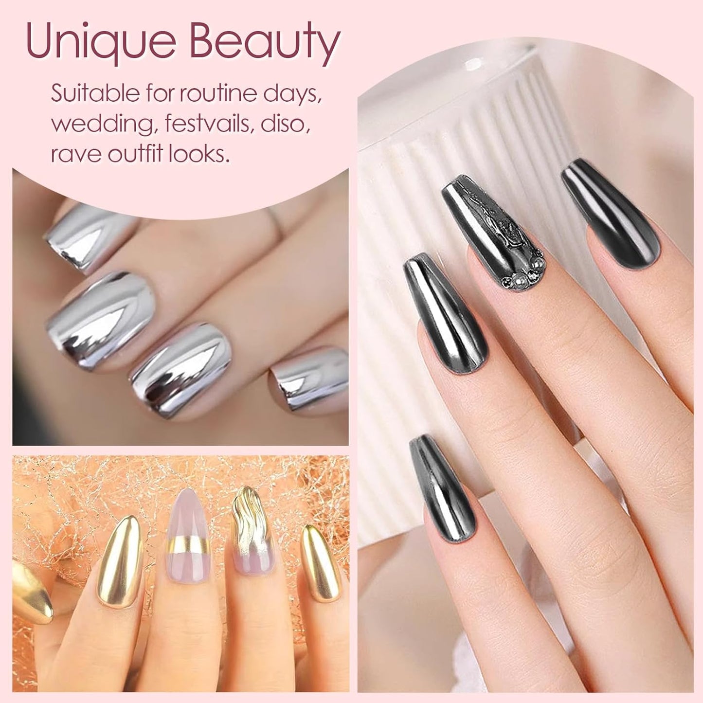 Allstarry Chrome Nail Powder Kit - 16 Colors Metallic Mirror Effect Pigment Powder Magic Glitter Dust for Gel Polish Nail Art Decoration with 16 Sponge Sticks