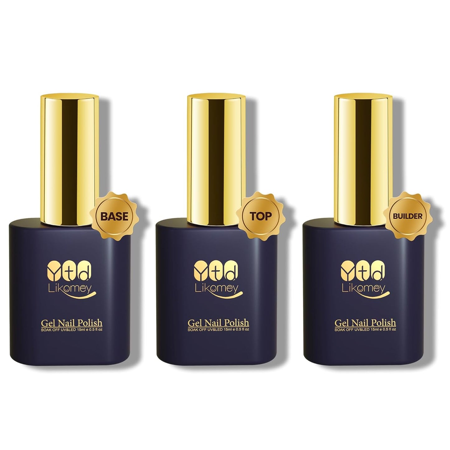 YTD Likomey Gel Nail Polish Base Coat Top Coat Builder Gel Set,3 Pcs 15ml No Wipe High Glossy Multi-Function Extension Long Lasting Reinforce Shaping Hard UV Nail Varnish Kit,HEMA Free