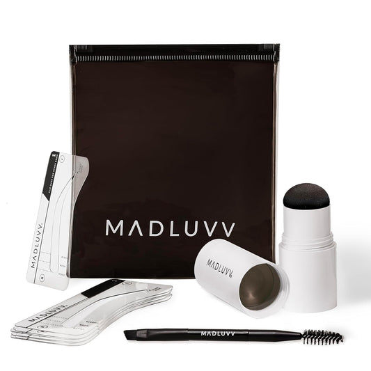 MADLUVV Brow Stamp Kit with Brow Stencils – Easy Eyebrow Shaper for Natural-Looking Brows – Popular Eyebrow Stencil Kit Used by Professionals – 9 Shapes, Spoolie, Travel Bag & Stamp (Brunette)