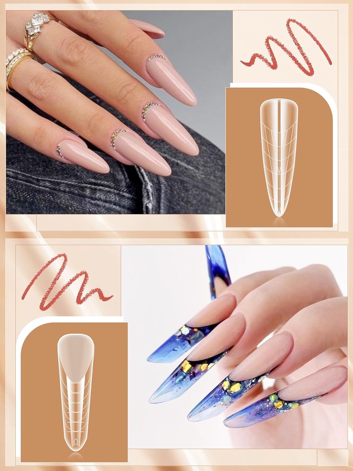 EBANKU Clear Matte Poly Gel Nail Forms 4 Styles, 96PCS Dual Nail Forms Full Cover Nail Mold Tips Acrylic Nail Extension Tools 12 Sizes Scale for Poly Gel Nail Art Salon Nails Design