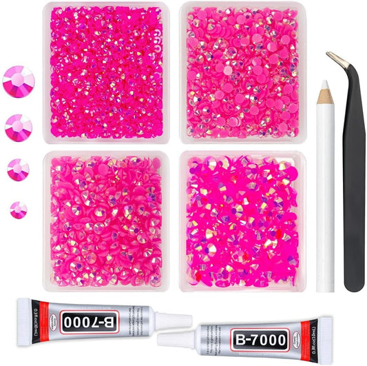 Hot Pink AB Resin Rhinestones w B7000 Jewelry Glue for Bedazzling Crafting 3mm 4mm 5mm 6mm Rose Pink Flatback Jelly Stones Bulk SS10 SS16 SS20 SS30 Diamonds Gems for Nails Makeup Tumblers Craft