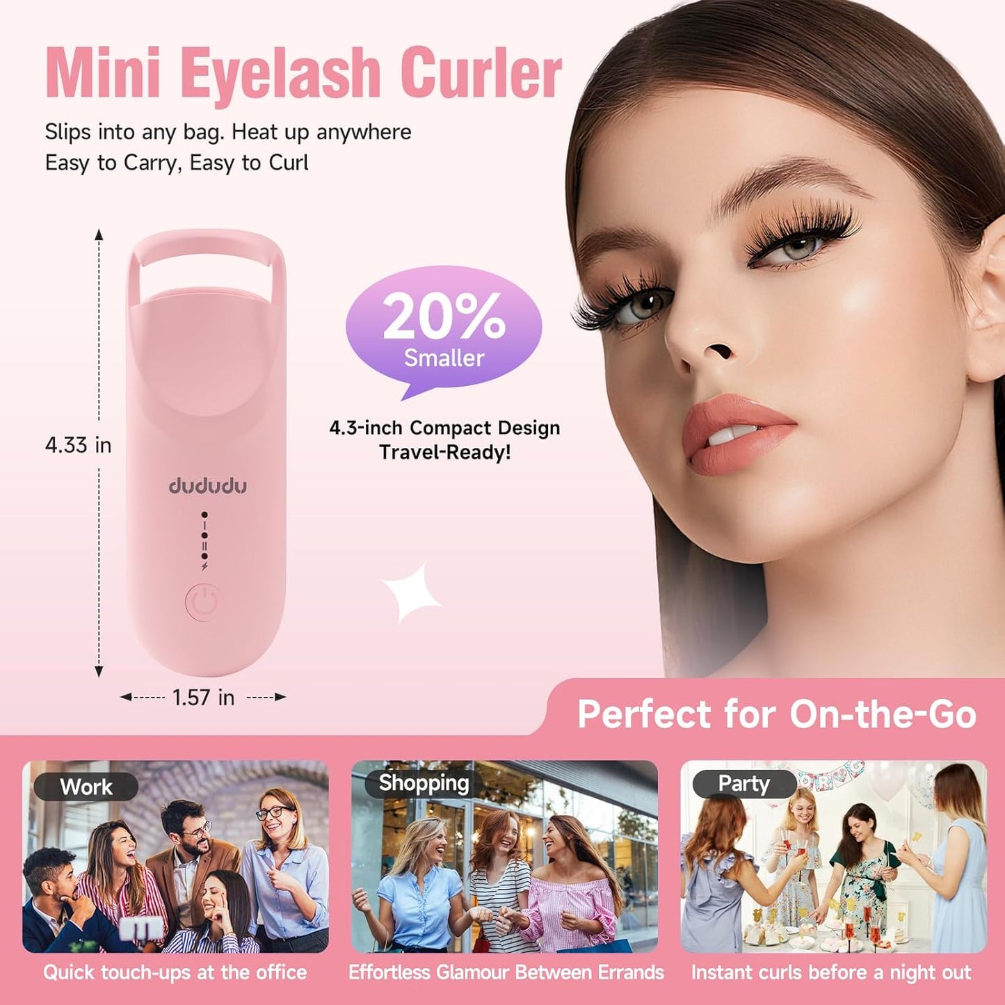 DUDUDU Heated Eyelash Curler, Portable Travel-Size Mini Electric Heated Lash Curler - 2-Level Adjustable Temp & Type-C Recharge, 10S Heat 3S Style 24H Lift for Long-Lasting Natural Effortless Curves