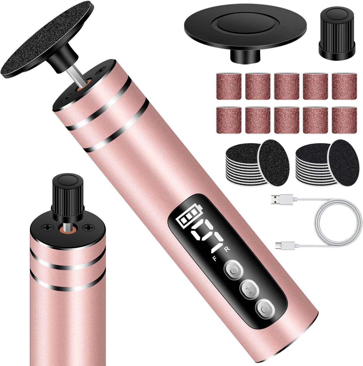 EAONE Portable Electric Foot File-Callus Remover for Feet, Professional 2 in 1 Foot/Nail Filer -Digital Display for Battery Level & 9 Speed Control-Rechargeable Pedicure Tool for Dead Skin (Rose Gold)