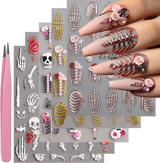 VOTACOS 5 Sheets Halloween Nail Art Stickers Decals 5D Nail Decals Gold White Bone Pattern Sticker