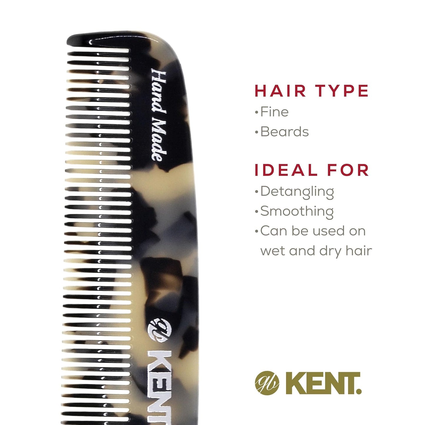 Kent 7T TW Handmade Fine Tooth Pocket Comb - For Men's Everyday Grooming, Styling, and Travel - Suitable for Mustache, Beard, Dry, Wet, Fine or Thinning Hair - Saw Cut and Hand Polished