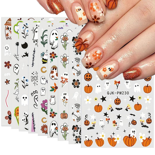 9 Sheets 3D Halloween Nail Art Stickers Self-Adhesive Cute Skull Pumpkin Bat Ghost Spider Designs