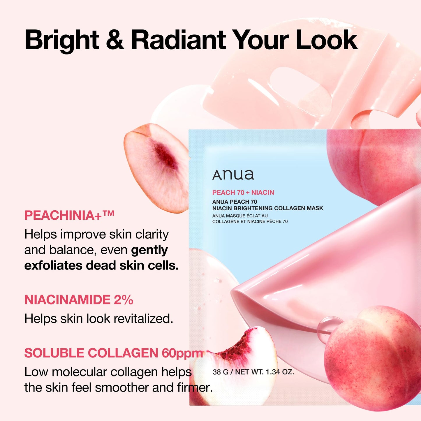 ANUA Peach 70 Niacin Brightening Collagen Mask, 1.34 fl.oz/4ea