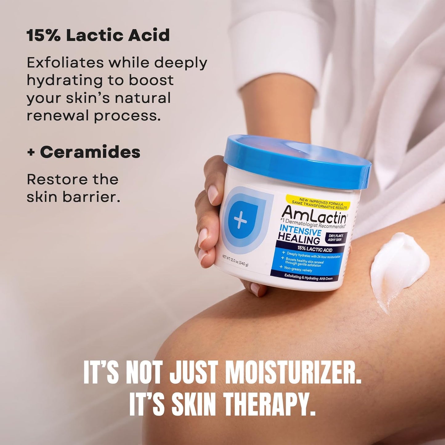 AmLactin Intensive Healing Body Cream, 12 oz Tub, 2-in-1 Exfoliator and Moisturizer for Dry Skin with 15% Lactic Acid and Ceramides for 24-Hour Moisturization