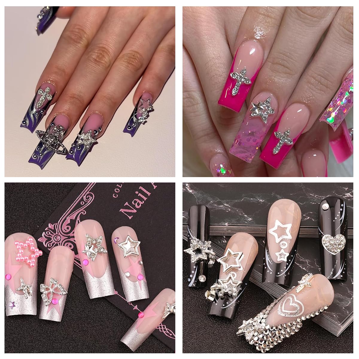 120+ Pcs Star Nail Charms Inlaid Rhinestones Gems, Silver Star Planet Cross Nail Art Decorations Shiny Jewelry for Acrylic Nail Accessories for Women Girl Manicure DlY Crafts Supplies