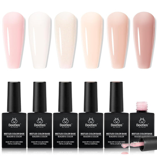 beetles Gel Polish Beetles Rubber Base Gel For Nails 6 Pcs, Builder Nail Gel Aesthetic Nude Colors Pink Gel Polish Gel Strengthener Gel All-in-1 Gift