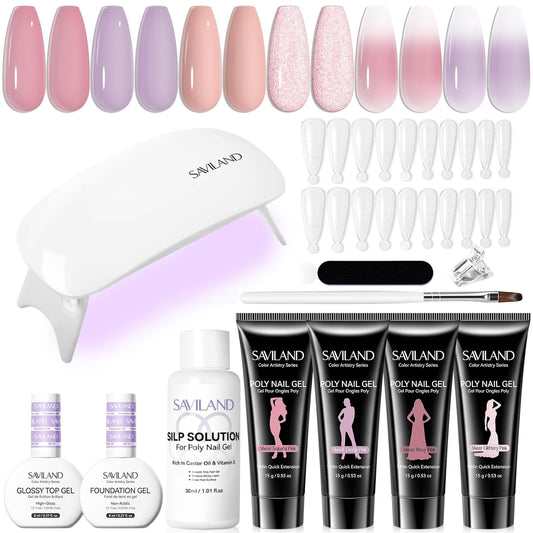 SAVILAND Poly Gel Nail Kit for Starter: 4 Poly Gel Nail Colors 28 Day Long Wear Ultra-Hard with Slip Solution, Fast & Easy Extension Nail Kit with Nail Lamp All-in-1 for Beginner DIY Art Home Salon
