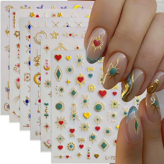 6 Sheets Boho Nail Stickers for Nail Art 5D Embossed Star Moon Nail Designs 3D Self-Adhesive