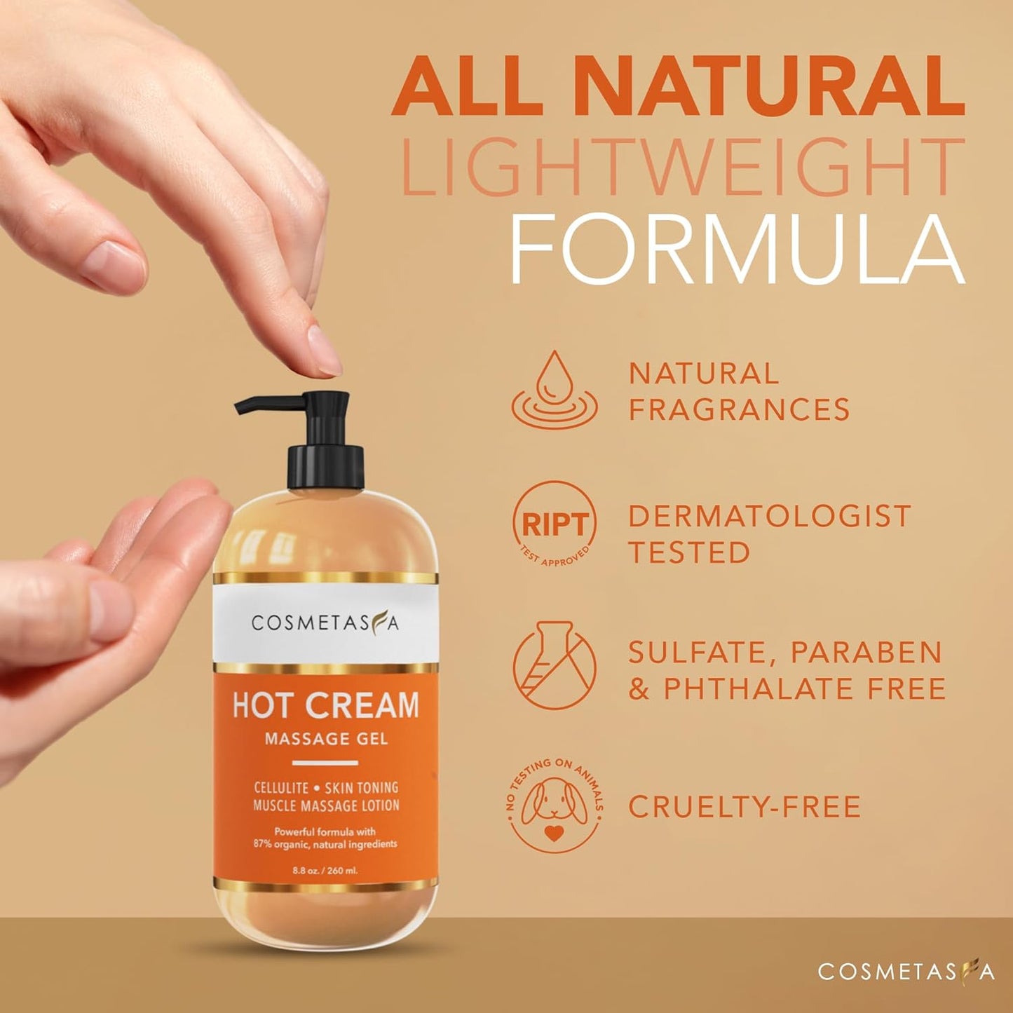 Cosmetasa Hot Belly Cream- 87% Organic Cellulite Cream - Natural Sweat Massage Gel for Stomach, Abdomen, Sore Joints, Muscles, Workout (8.8 oz)