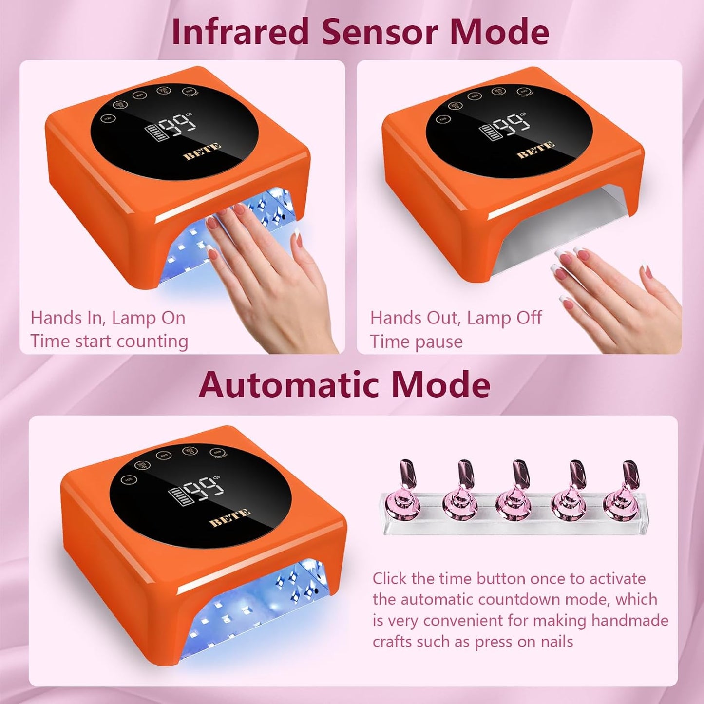 BETE Cordless LED Nail Lamp, 78W Rechargeable UV Nail Light, Intelligent Infrared Sensor and LCD Display Curing Nail Lamp, Portable Nail Dryer Gel Polish Light with 5 Timer Setting Orange