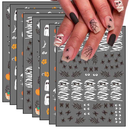 8 Sheets Halloween Nail Art Stickers Cute Ghost & Mummy Designs 3D Self-Adhesive Flower Nail