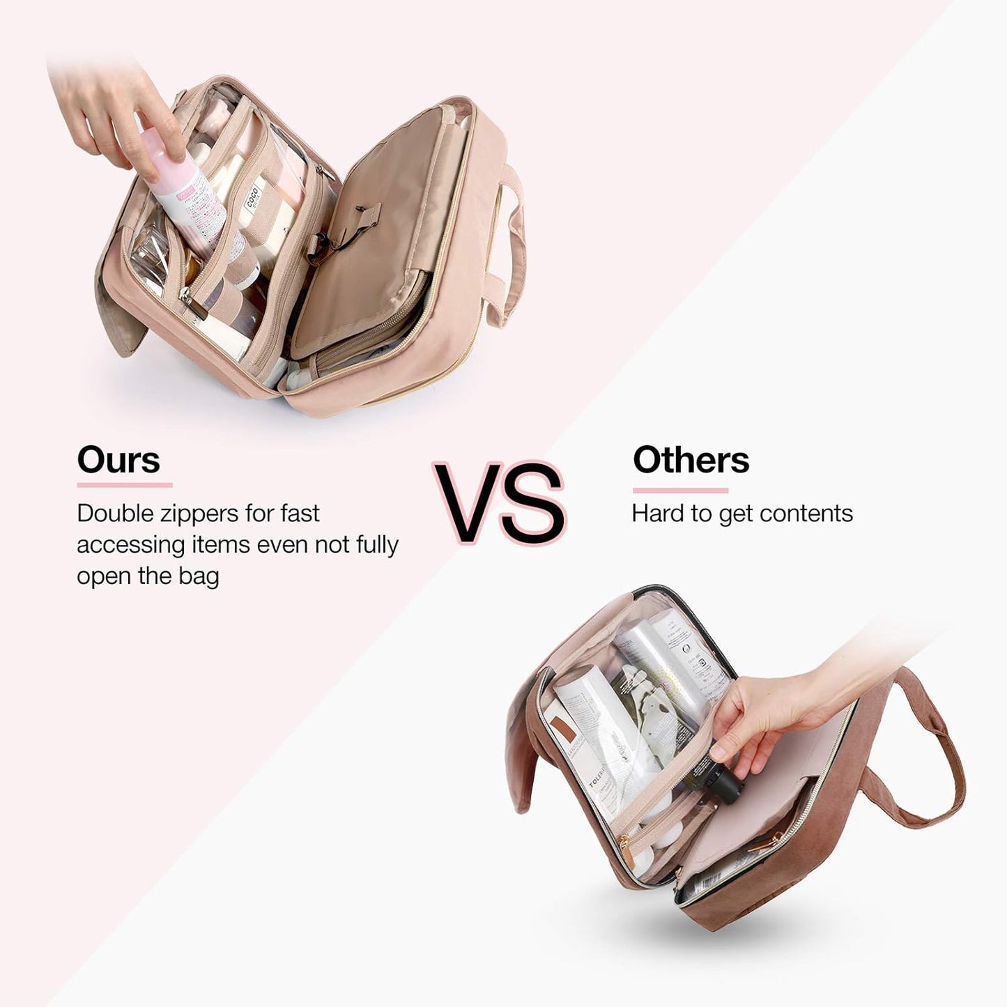 BAGSMART Toiletry Bag Hanging Travel Makeup Organizer with TSA Approved Transparent Cosmetic Bag Makeup Bag for Full Sized Toiletries, Medium-Pink