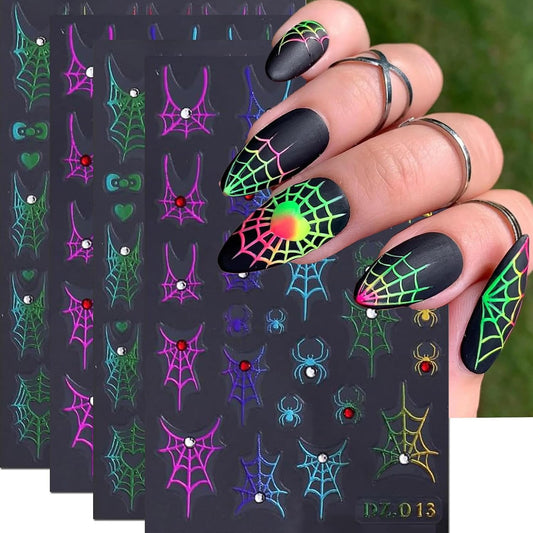 4PCS Halloween Nail Art Stickers Decals Colorful Spider Web Spider Nail Decals with Rhinestone