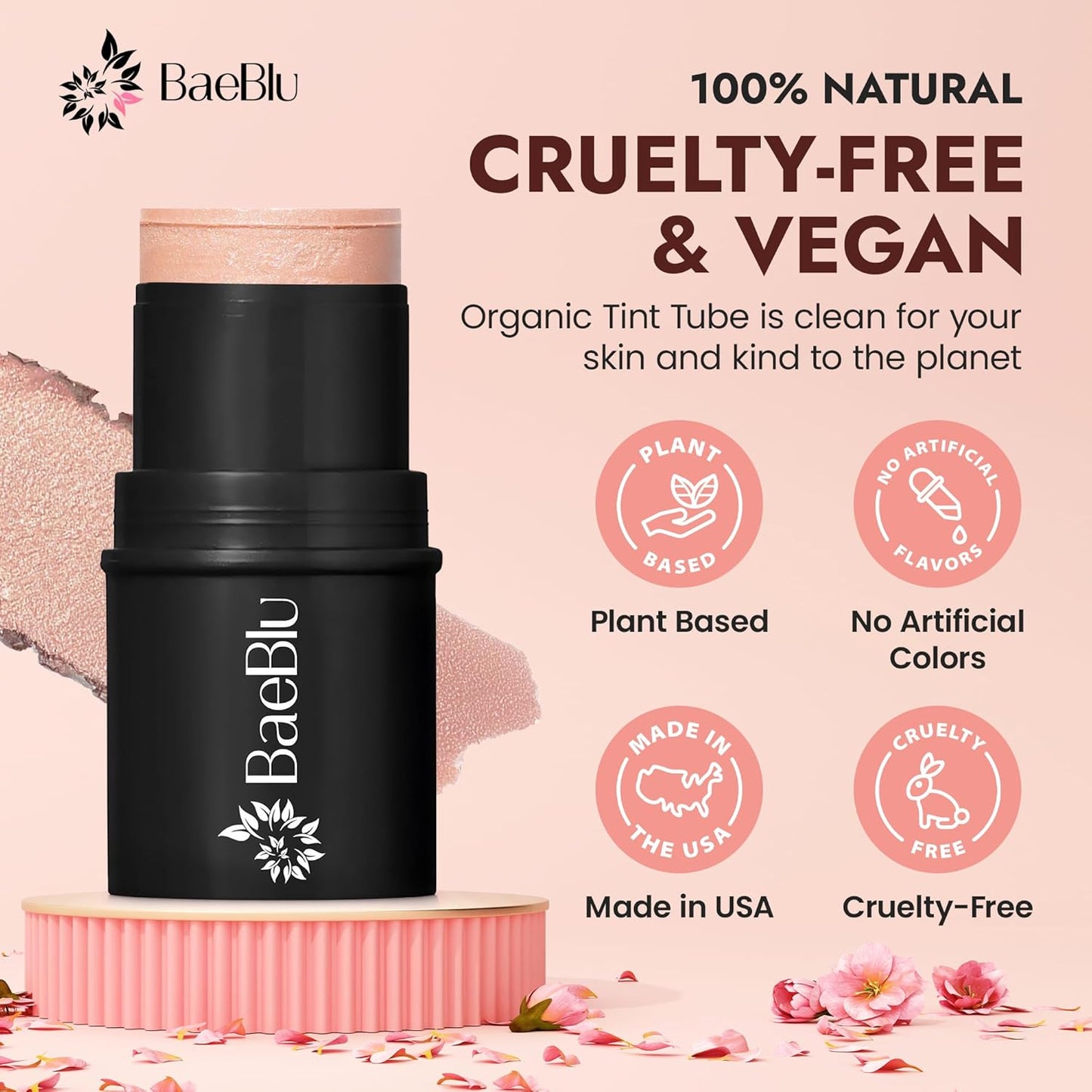 Organic Blush Tube, Moscato - 100% Natural Vegan Cream Blush Sticks, Multi-Use Bronzer, & Highlighter for Lips, Cheeks & Eyes, Buildable Shimmer, Gluten-Free, Paraben-Free, Made in USA