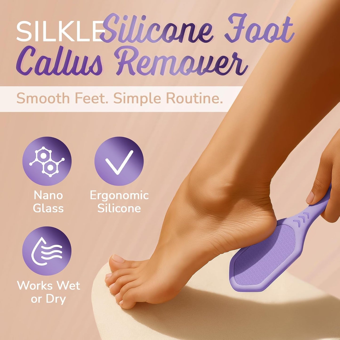 Silicone Foot Callus Remover - Nano Glass Foot File for Dead Skin and Cracked Heels - Callus Remover for Feet & Hard Skin - Ergonomic Foot Scrubber & Exfoliator for Soft, Smooth Feet - Purple