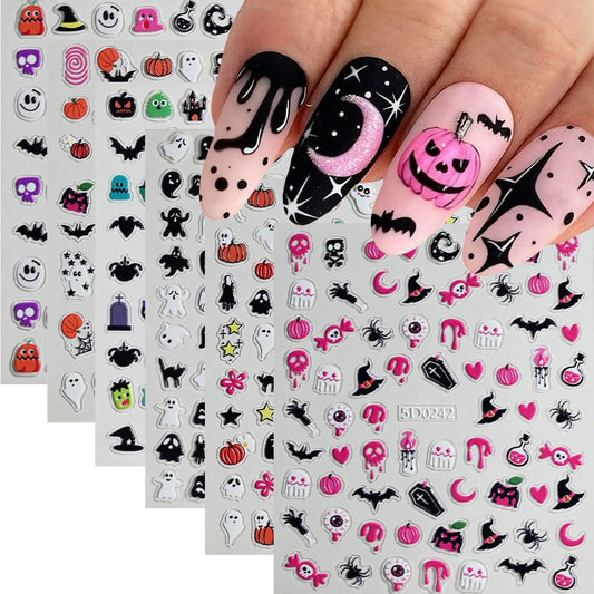 6 Sheets Halloween Nail Art Stickers Pumpkin 5D Embossed Nail Decals Ghost Nail Stickers Self