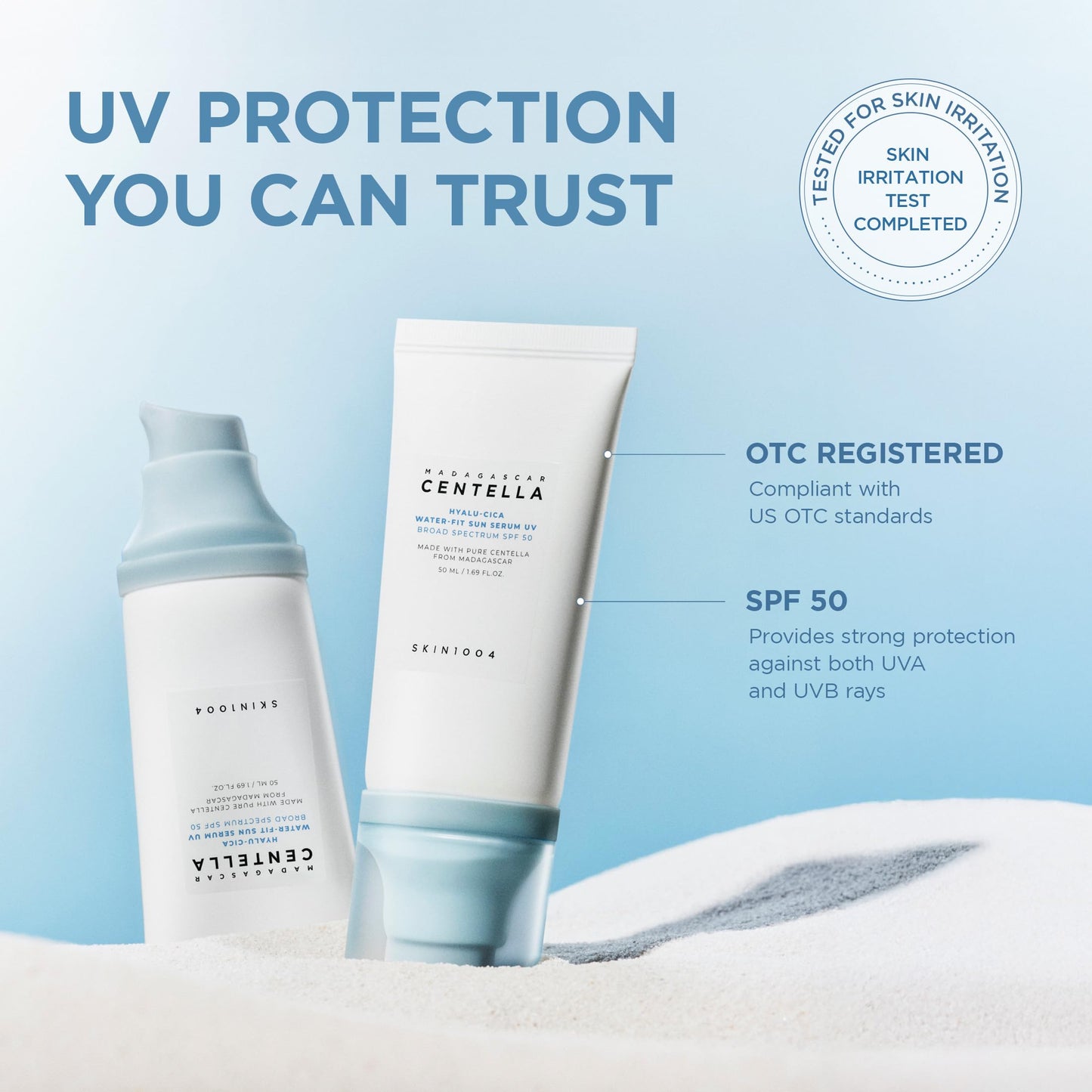 SKIN1004 Centella Hyalu-Cica Water-Fit Sun Serum UV, Korean Sunscreen SPF 50, Centella Sunscreen