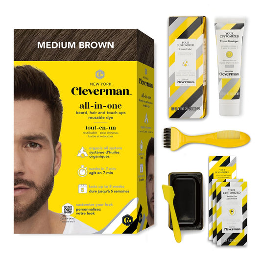 Cleverman Medium Brown Hair & Beard Dye for Men, All-in-One Reusable Kit - Mens Color For Natural-Looking Gray Coverage, Professional-Quality and Ammonia-Free for Hair, Beard & Gray Mustache