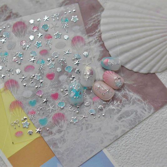 Laser Pearl Seashell Nail Stickers 5D Embossed Silver Gold Ocean Nail Decals 3D Self-Adhesive