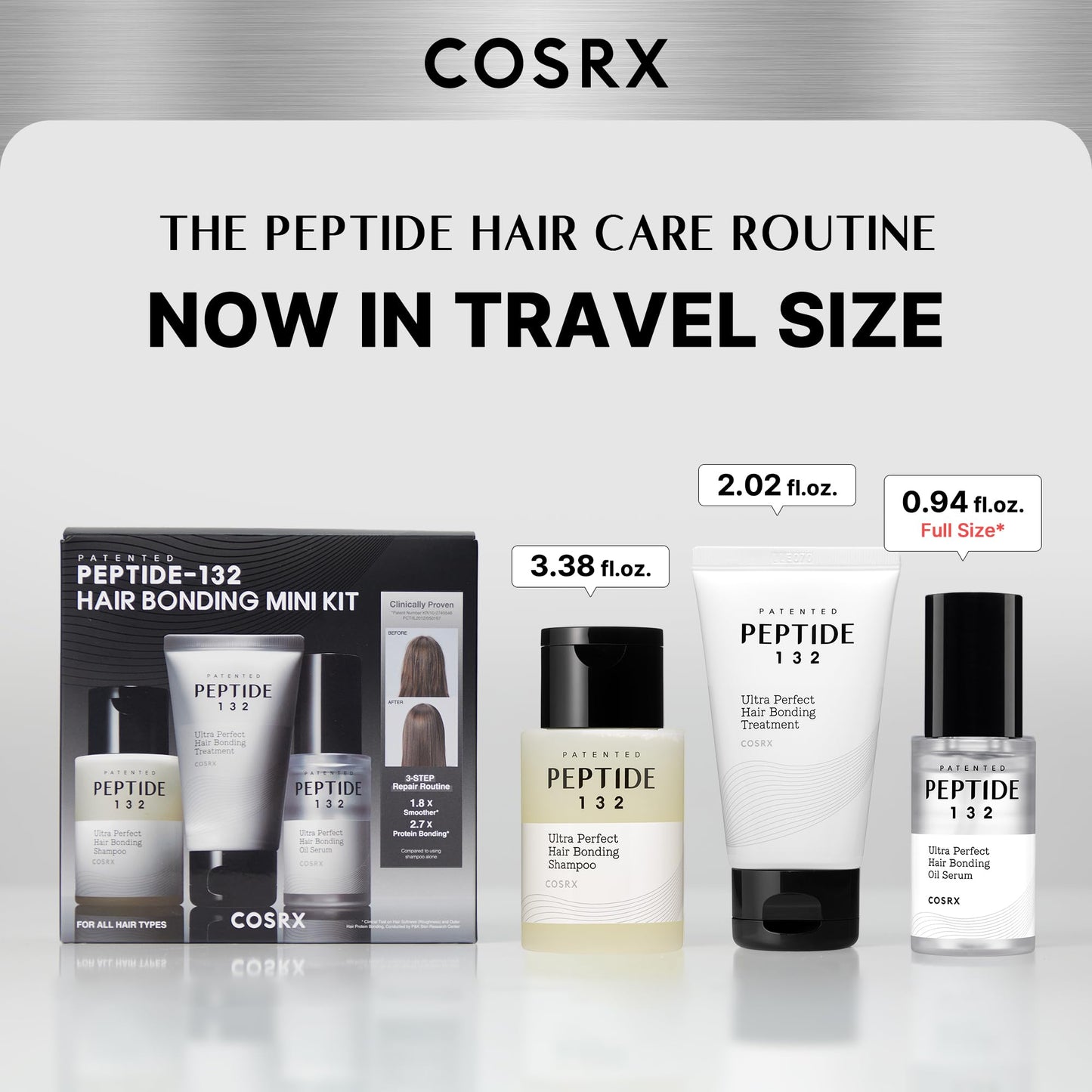 COSRX PEPTIDE-132 Hair Bonding Mini Kit, Shampoo, Treatment & Oil Serum