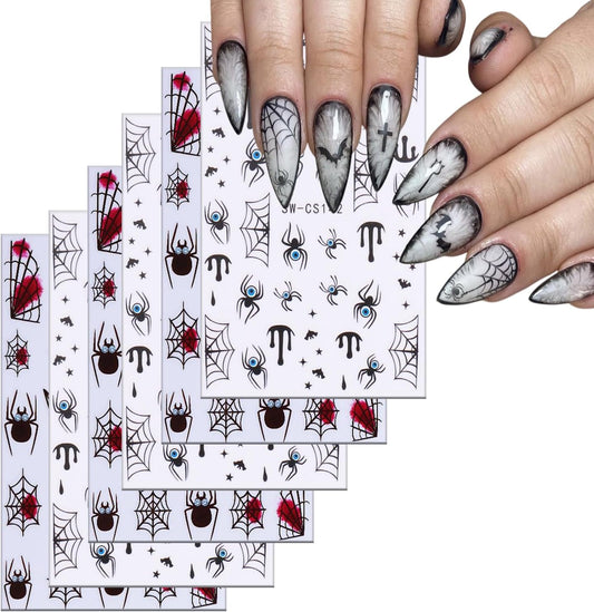6 Sheets Halloween Nail Art Stickers 3D Self -Adhesive Blood Spider Web Nail Decals Holographic