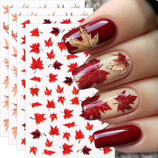 Fall Maple Leaves Nail Stickers for Thanksgiving, Fall Nail Art Decals 3D Self-Adhesive Cute Fox