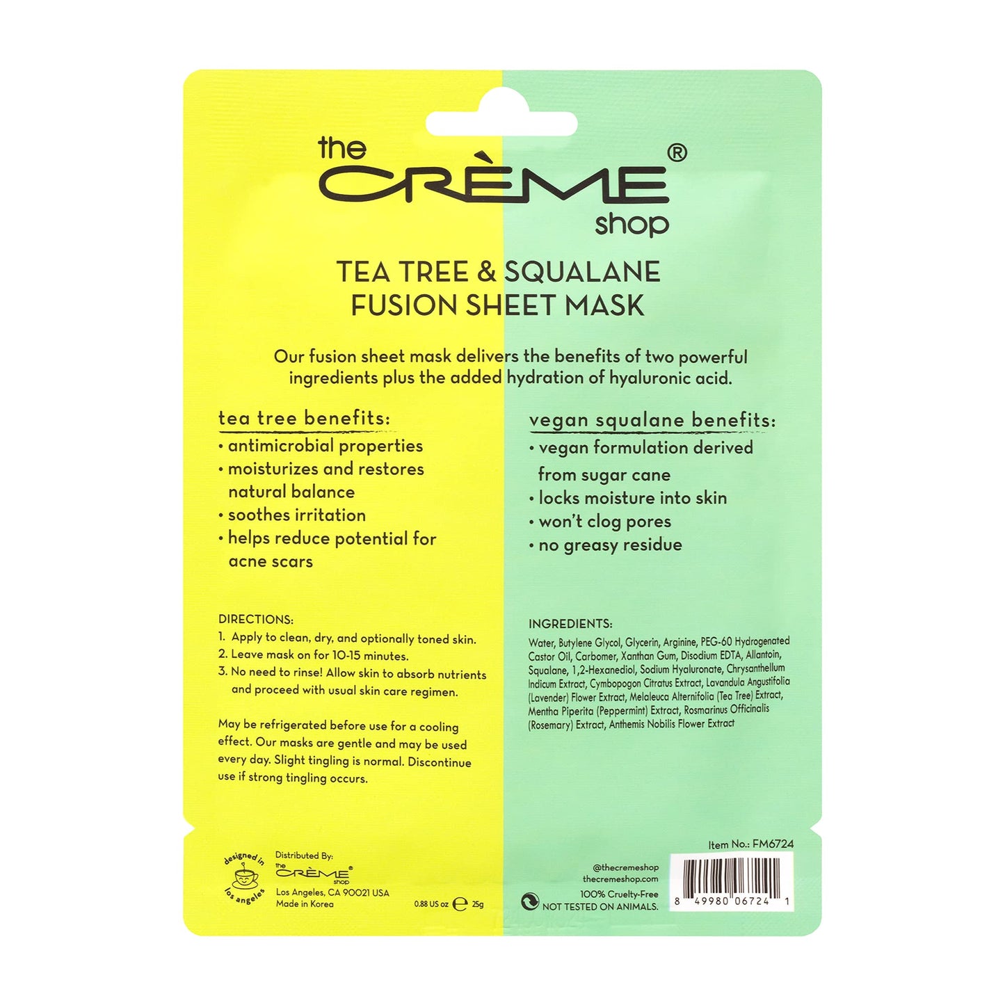 The Crème Shop Tea Tree & Squalane Fusion Sheet Mask, Korean Sheet Mask, Tea Tree Face Mask with