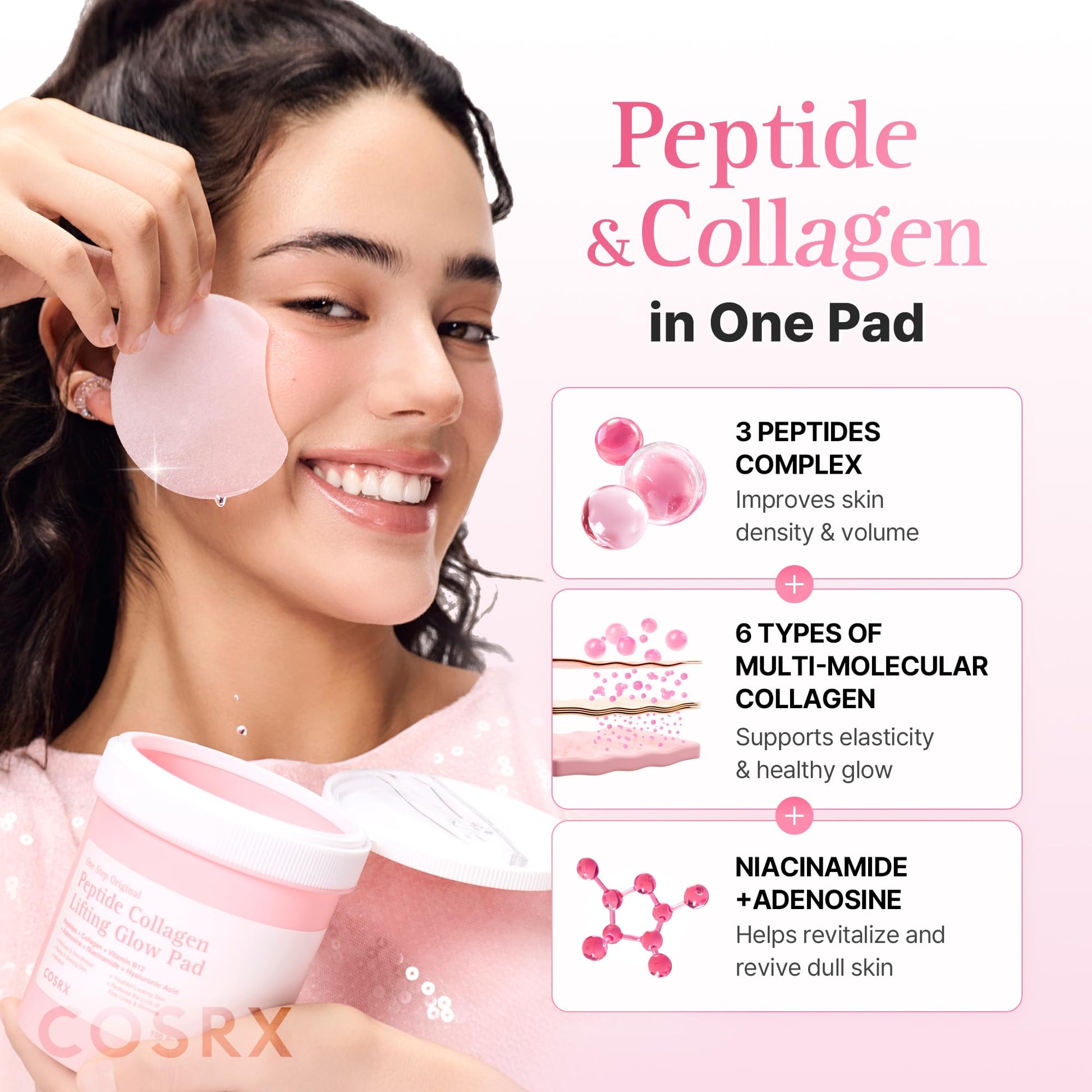 COSRX OneStep Peptide Collagen Toner Pads, Lifting & Glow Care (100 Pads)
