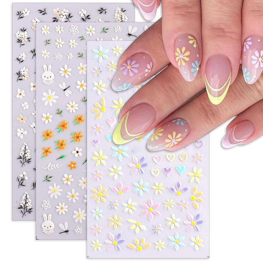 TailaiMei Flower Nail Art Stickers, 5D Embossed Colorful Spring Daisy Nail Decals, Self-Adhesive