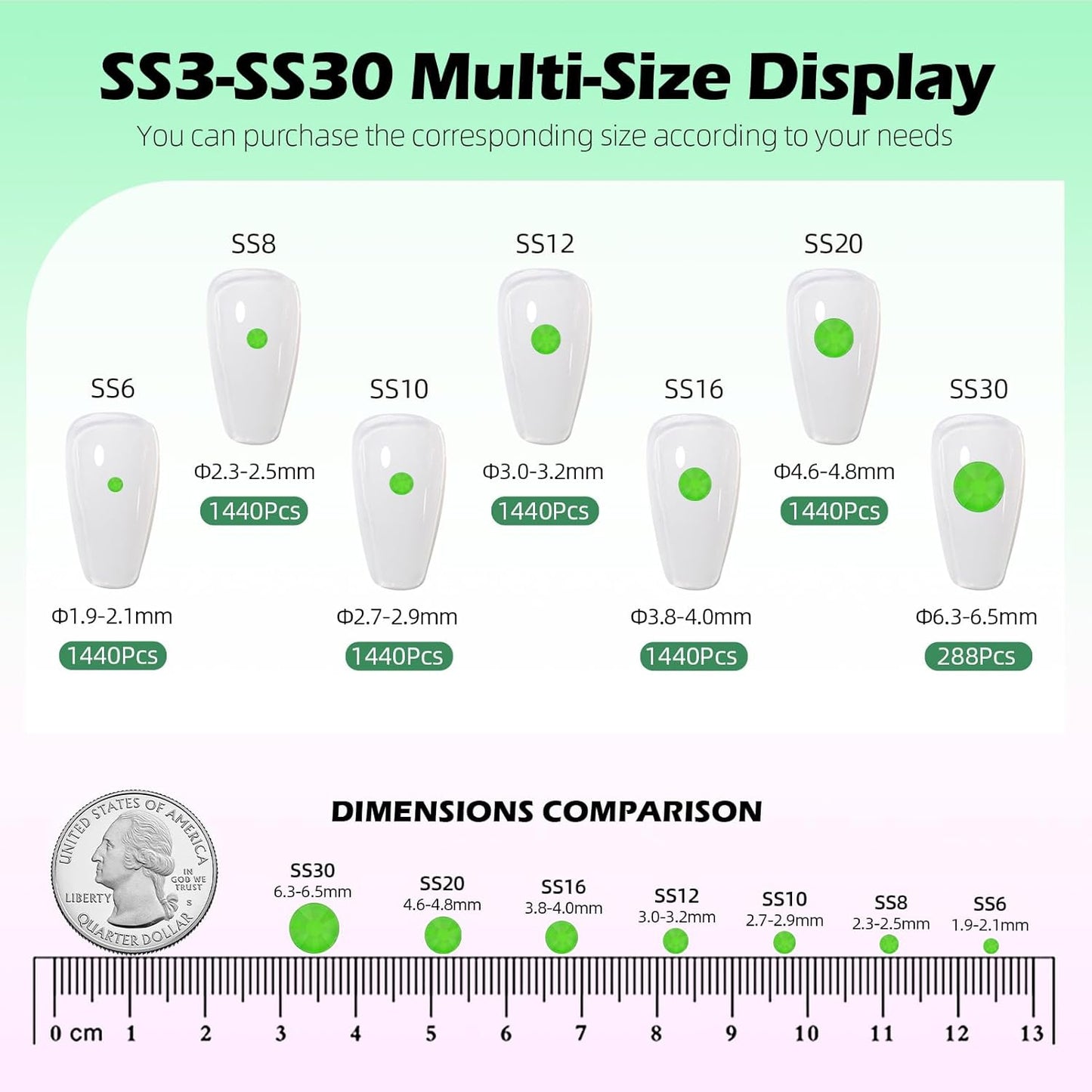 Neon Green Flatback Rhinestones, Glass Rhinestones for Nail Art and Craft, Glue Fix, Loose Crystal Gemstones(Neon Green, SS8, 1440pcs, 2.3-2.5mm)